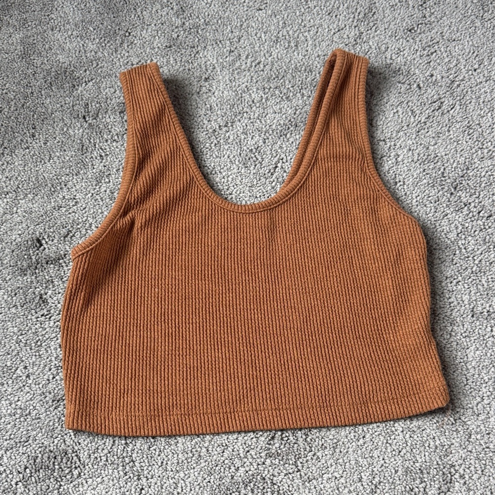 Audrey 3+1 Brown Ribbed Crop Tank Top Stretch Sleeveless SIZE S